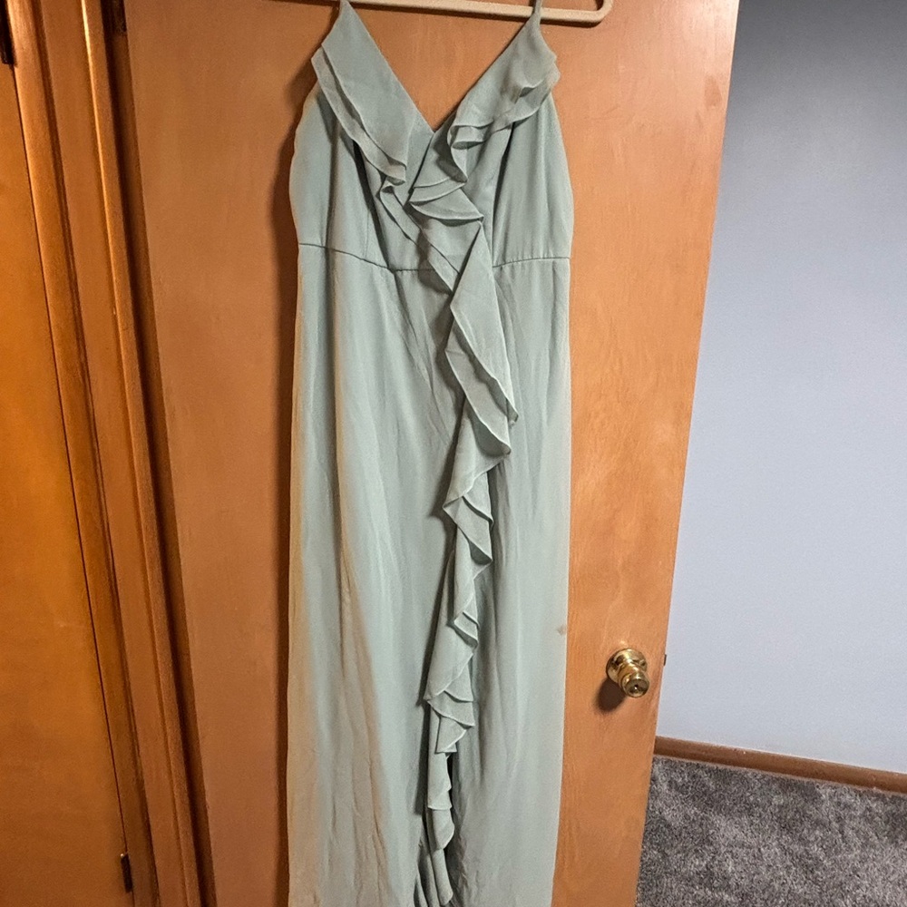 David's Bridal Light Green Ruffle Maxi Dress